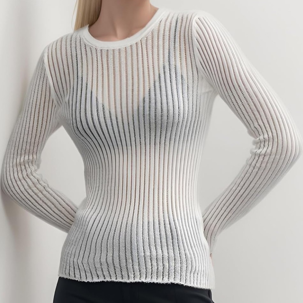 Zara Sheer White Ribbed Long Sleeve Top